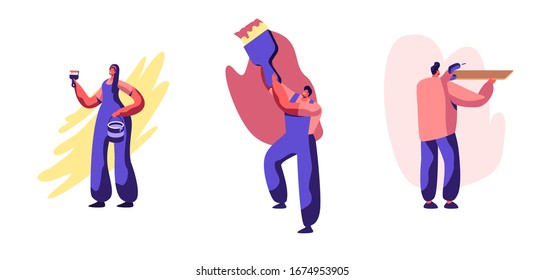 Set of Men and Women with Tools Repair Home. Call Master at Work, Husband for an Hour Service. Male Female Character Painting and Drilling Walls, Household Chores. Cartoon People Vector Illustration