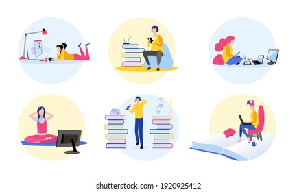 A set of men and women are trained at home using the Internet and gadgets, laptop, computer, smartphone, headphones. Online learning at home concept.