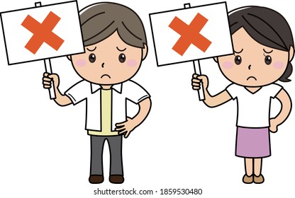 A set of men and women with a troubled face and an incorrect placard