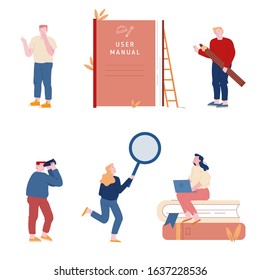 Set of Men and Women Using Manual Guide Book. People with Guidance Instruction or Textbooks. Customers Reading Guidebook and Writing Instruction, Handbook Help Aid. Cartoon Flat Vector Illustration
