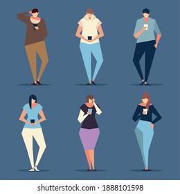 set men and women using smartphone typing, call and send message, people and gadgets vector illustration