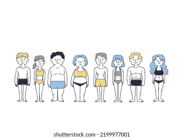 Set of men and women of various body types Comical hand-drawn characters Vector, line drawing and color