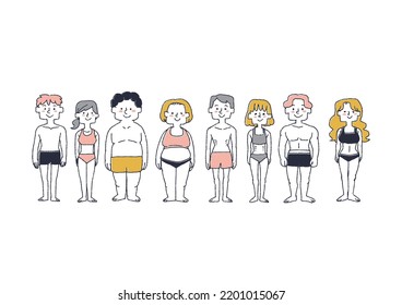 Set of men and women of various body types Comical hand-drawn characters Vector, line drawing and color