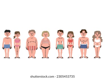 Set of men and women of various body types Comical hand-drawn characters Vector, line drawing and color