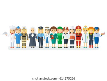 Set of men and women of various professions. Labor Day, employment service, human resources in various industries. Flat vector cartoon illustration. Objects isolated on a white background.