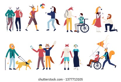 Set of men and women vector illustration. Collection of disabled people with their romantic partners and friends flat cartoon.  Physical disorder or impairment with mates and family characters. 