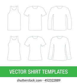 Set of men and women vector shirt templates. White shirt contours.