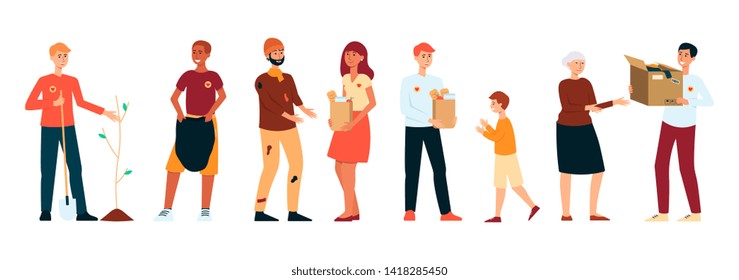 Set Of Men And Women Volunteers Doing Different Charity Activities Cartoon Style, Vector Illustration Isolated On White Background. People Plant Tree Or Clean Or Help With Food Or Donate Clothes
