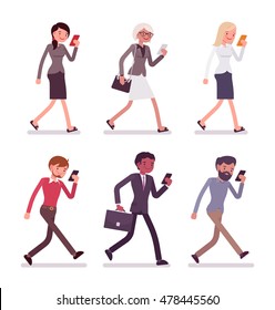 Set of men and women walking holding a phone. Cartoon vector flat-style illustration