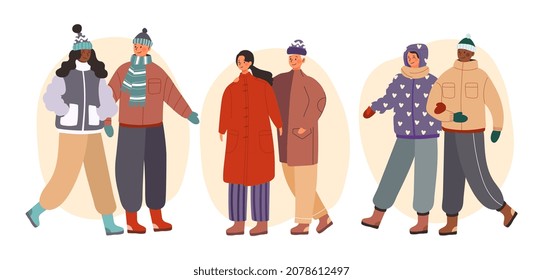 Set of men and women in warm winter clothes causually walking. Concept of casual cozy winter clothes for men and women for cold winters. Flat cartoon vector illustration