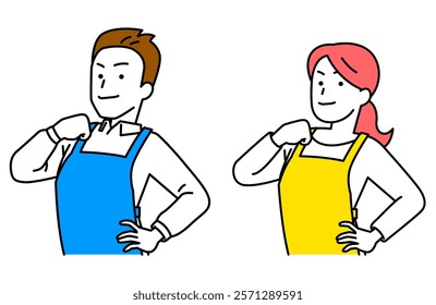 Set of men and women wearing aprons with their chests held high