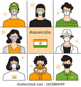 Set of men and women wearing medical mask preventing air pollution and virus with national flag : India : Vector Illustration