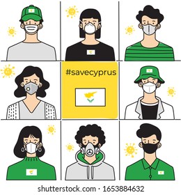 Set of men and women wearing medical mask preventing air pollution and virus with national flag : Cyprus : Vector Illustration