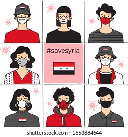 Set of men and women wearing medical mask preventing air pollution and virus with national flag : Syria : Vector Illustration