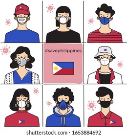 Set of men and women wearing medical mask preventing air pollution and virus with national flag : Philippines : Vector Illustration