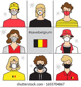 Set of men and women wearing medical mask preventing air pollution and virus with national flag : Belgium : Vector Illustration