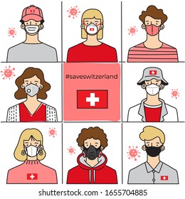 Set of men and women wearing medical mask preventing air pollution and virus with national flag : Switzerland : Vector Illustration