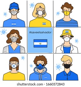 Set of men and women wearing medical mask preventing air pollution and virus with national flag : El Salvador : Vector Illustration