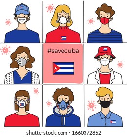 Set of men and women wearing medical mask preventing air pollution and virus with national flag : Cuba : Vector Illustration