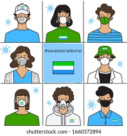 Set of men and women wearing medical mask preventing air pollution and virus with national flag : Sierra Leone : Vector Illustration