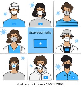 Set of men and women wearing medical mask preventing air pollution and virus with national flag : Somalia : Vector Illustration