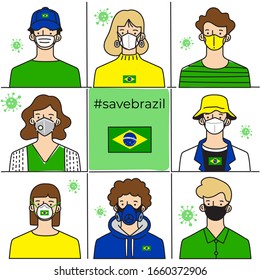 Set of men and women wearing medical mask preventing air pollution and virus with national flag : Brazil : Vector Illustration
