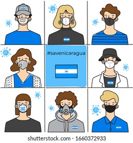 Set of men and women wearing medical mask preventing air pollution and virus with national flag : Nicaragua : Vector Illustration