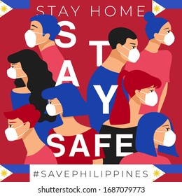 Set of men and women wearing medical mask preventing air pollution and virus with national flag : Philippines : Stay home, stay safe poster layout : Vector Illustration