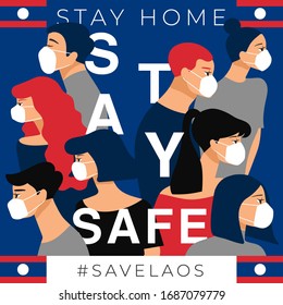 Set of men and women wearing medical mask preventing air pollution and virus with national flag : Laos : Stay home, stay safe poster layout : Vector Illustration
