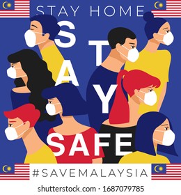Set of men and women wearing medical mask preventing air pollution and virus with national flag : Malaysia : Stay home, stay safe poster layout : Vector Illustration