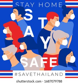 Set of men and women wearing medical mask preventing air pollution and virus with national flag : Thailand : Stay home, stay safe poster layout : Vector Illustration