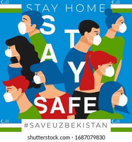 Set of men and women wearing medical mask preventing air pollution and virus with national flag : Uzbekistan : Stay home, stay safe poster layout : Vector Illustration
