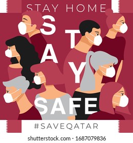 Set of men and women wearing medical mask preventing air pollution and virus with national flag : Qatar : Stay home, stay safe poster layout : Vector Illustration