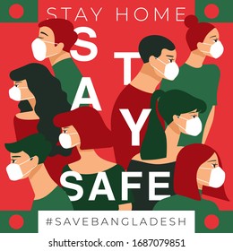 Set of men and women wearing medical mask preventing air pollution and virus with national flag : Bangladesh : Stay home, stay safe poster layout : Vector Illustration