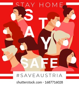 Set of men and women wearing medical mask preventing air pollution and virus with national flag : Austria : Stay home, stay safe poster layout : Vector Illustration