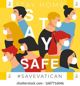 Set of men and women wearing medical mask preventing air pollution and virus with national flag : Vatican : Stay home, stay safe poster layout : Vector Illustration