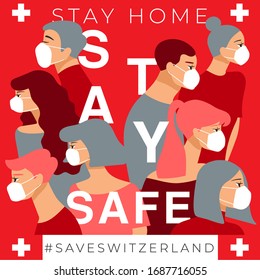 Set of men and women wearing medical mask preventing air pollution and virus with national flag : Switzerland : Stay home, stay safe poster layout : Vector Illustration