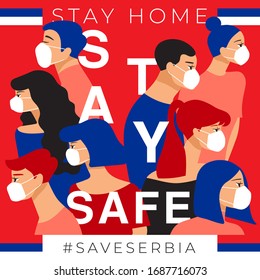 Set of men and women wearing medical mask preventing air pollution and virus with national flag : Serbia : Stay home, stay safe poster layout : Vector Illustration