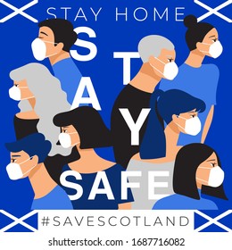 Set of men and women wearing medical mask preventing air pollution and virus with national flag : Scotland : Stay home, stay safe poster layout : Vector Illustration