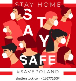 Set of men and women wearing medical mask preventing air pollution and virus with national flag : Poland : Stay home, stay safe poster layout : Vector Illustration