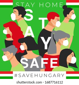 Set of men and women wearing medical mask preventing air pollution and virus with national flag : Hungary : Stay home, stay safe poster layout : Vector Illustration