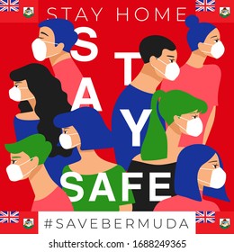 Set of men and women wearing medical mask preventing air pollution and virus with national flag : Bermuda : Stay home, stay safe poster layout : Vector Illustration