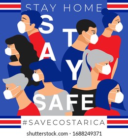 Set of men and women wearing medical mask preventing air pollution and virus with national flag : Costa Rica : Stay home, stay safe poster layout : Vector Illustration