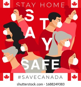 Set of men and women wearing medical mask preventing air pollution and virus with national flag : Canada : Stay home, stay safe poster layout : Vector Illustration