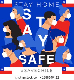 Set of men and women wearing medical mask preventing air pollution and virus with national flag : Chile : Stay home, stay safe poster layout : Vector Illustration