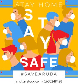 Set of men and women wearing medical mask preventing air pollution and virus with national flag : Aruba : Stay home, stay safe poster layout : Vector Illustration