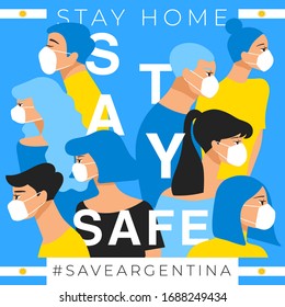 Set of men and women wearing medical mask preventing air pollution and virus with national flag : Argentina : Stay home, stay safe poster layout : Vector Illustration