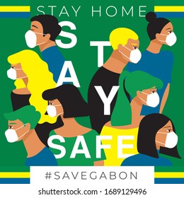 Set of men and women wearing medical mask preventing air pollution and virus with national flag : Gabon : Stay home, stay safe poster layout : Vector Illustration