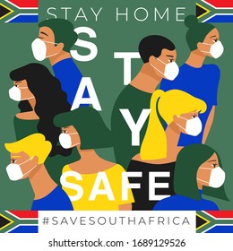 Set of men and women wearing medical mask preventing air pollution and virus with national flag : South Africa : Stay home, stay safe poster layout : Vector Illustration