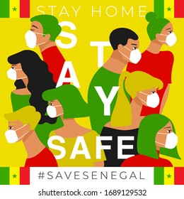 Set of men and women wearing medical mask preventing air pollution and virus with national flag : Senegal : Stay home, stay safe poster layout : Vector Illustration